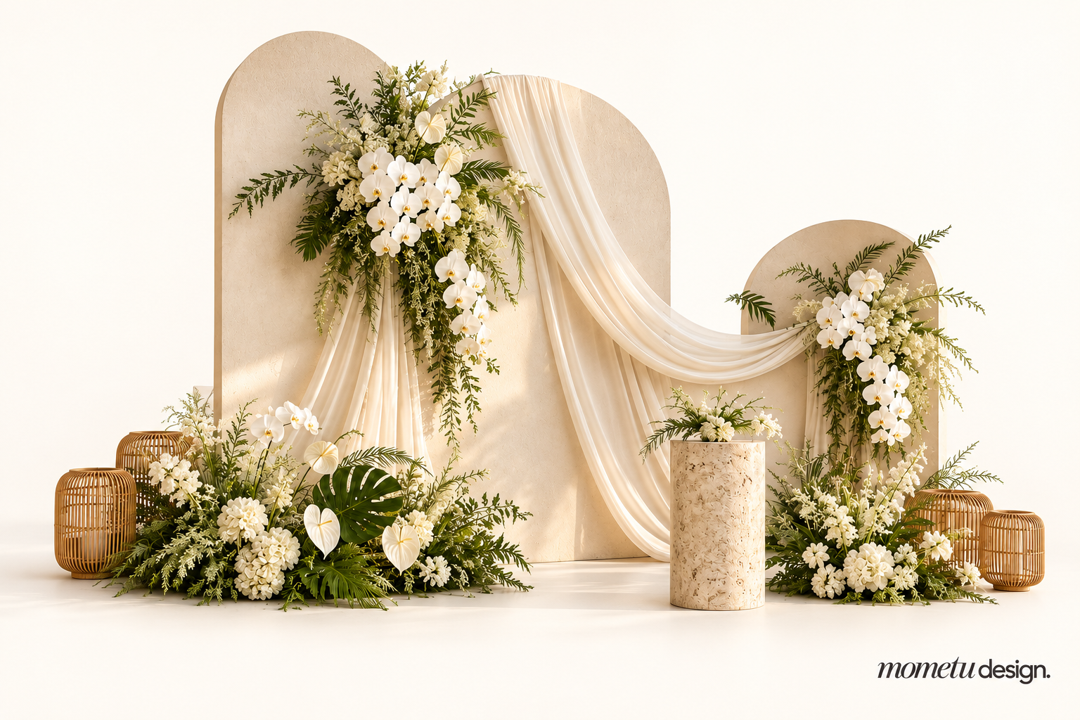 Konsep dekorasi Bali modern dengan backdrop ivory, draping dan anggrek putih